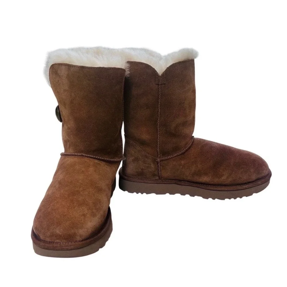 UGG Bailey Button Chestnut Brown Suede Shearling Mid Calf Boots Women‎ 5803
